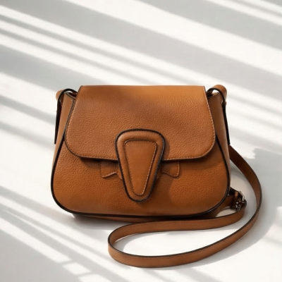 Mala castanha de couro com fecho decorativo e alça comprida