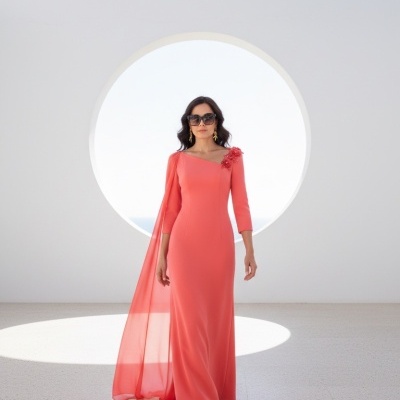 Mulher com vestido coral longo de manga 3/4 e capa transparente