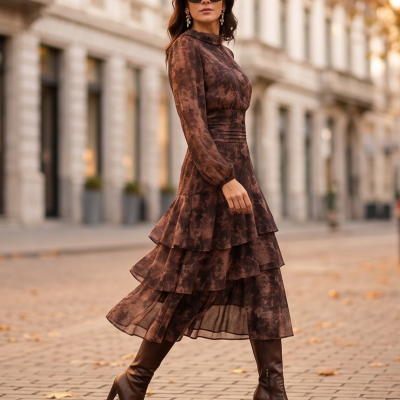 Mulher a usar vestido longo castanho com padrão marmoreado e botas altas castanhas numa rua