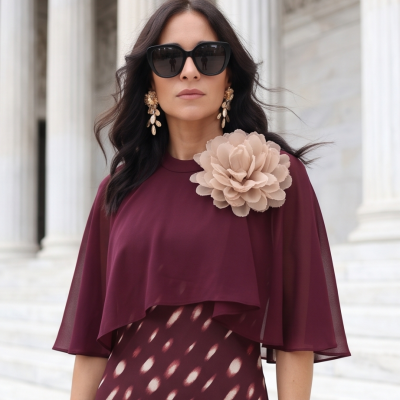 Mulher vestindo vestido bordô com capa transparente e flor de tecido bege no ombro, brincos dourados e óculos de sol pretos