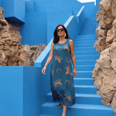 Mulher com vestido azul petróleo com padrões castanho claro numa escadaria azul com rochas