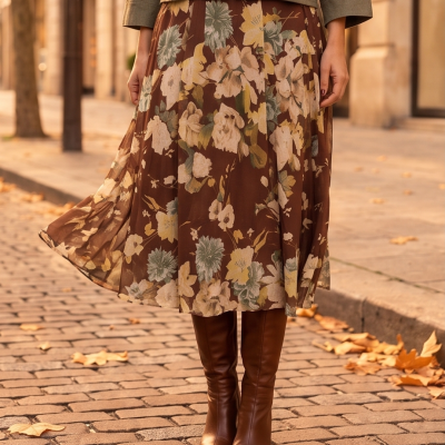 Saia midi floral com botas castanhas numa rua de calçada