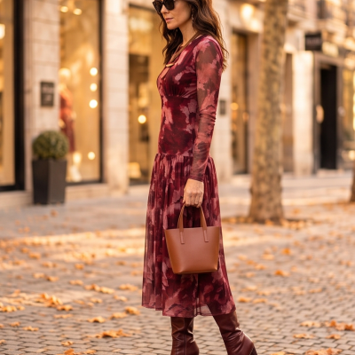Mulher com vestido midi vermelho floral, botas castanhas, mala castanha e óculos escuros num passeio urbano.