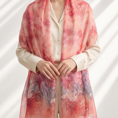 Lenço transparente floral rosa e vermelho usado sobre camisa creme.