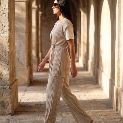 Mulher com conjunto de roupa bege canelado e óculos escuros em corredor de pedra antigo