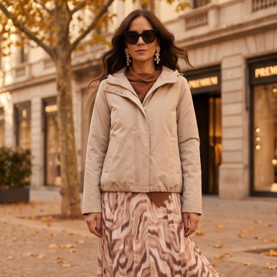 Mulher com casaco bege, saia com padrão castanho beige e óculos escuros numa rua outonal com folhas no chão.