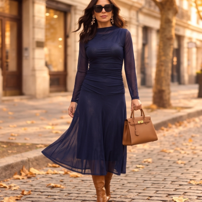 Vestido midi azul escuro com tecidos transparentes e botas castanhas individuais numa rua coberta de folhas de outono