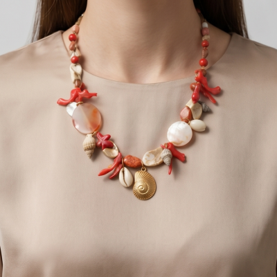 Colar com pedras vermelhas, conchas e ornamento dourado sobre blusa bege.