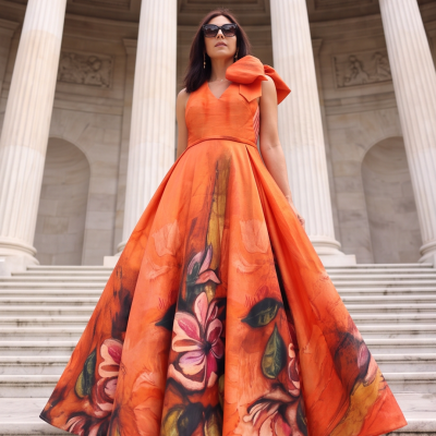 Vestido de noite laranja com estampado floral e laço no ombro, usado por mulher em escadaria com colunas brancas