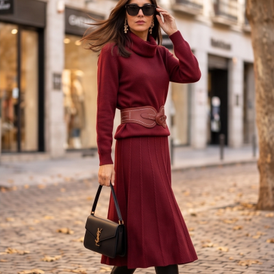 Mulher com vestido vermelho vinho, cinto castanho, botas e mala preta numa rua com paralelepípedos e folhas secas