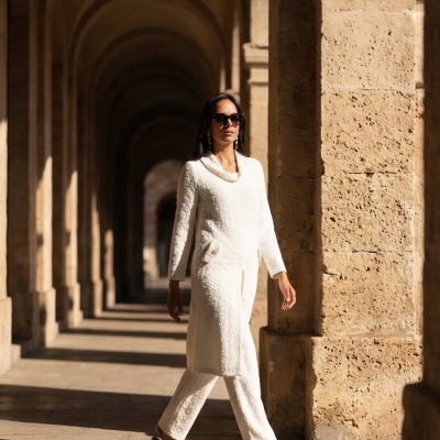 Conjunto feminino branco em tecido texturizado com casaco e calças, sandálias castanhas e óculos escuros em arcos de pedra.