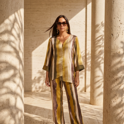 Mulher com conjunto de roupa riscada de verde, castanho e bege com calças largas e blusa de manga 3/4 em ambiente com colunas de pedra