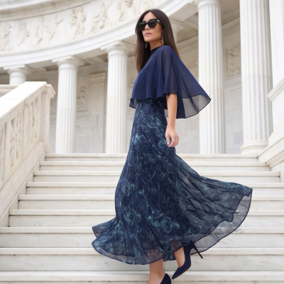 Mulher com vestido longo azul e capa transparente azul marinho, sapatos altos azul marinho, óculos de sol pretos, em escadaria de mármore branco com colunas clássicas.