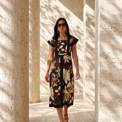 Vestido midi feminino com padrão floral castanho, bege e preto, usado por mulher com óculos escuros