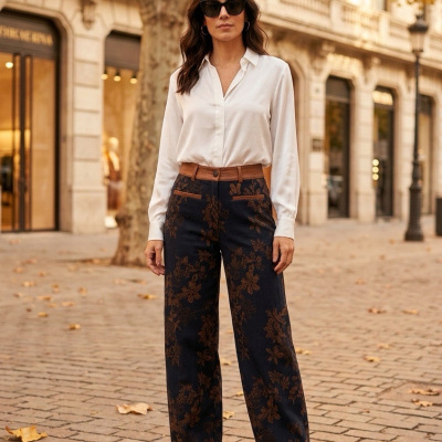 Mulher de camisa branca e calças florais com botas castanhas numa rua pavimentada