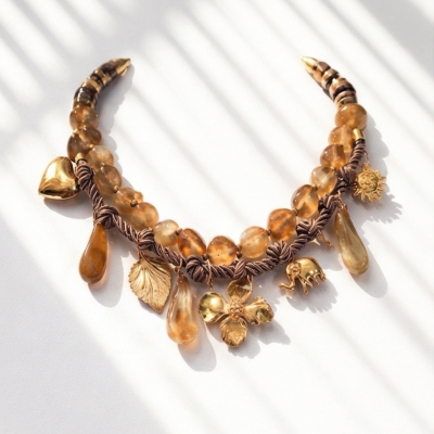 Colar âmbar com pendentes dourados e cordão castanho trançado