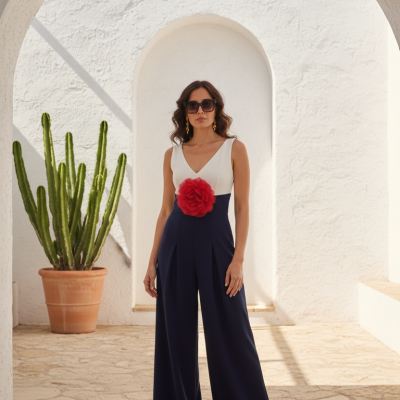 Macacão branco e azul com flor vermelha na cintura, mulher com óculos escuros num ambiente com paredes brancas e chão de pedra.