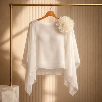 Blusa branca transparente com mangas largas e flor decorativa no ombro pendurada num cabide