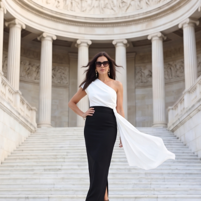 Mulher com vestido longo preto e branco ombro único com faixa larga branca, sandálias pretas, escadaria e colunas clássicas ao fundo