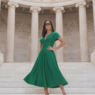 Vestido verde midi com saia rodada em escadaria de mármore.