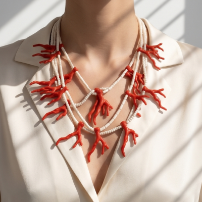 Colar com pendentes vermelhos em forma de coral e contas brancas sobre camisa branca