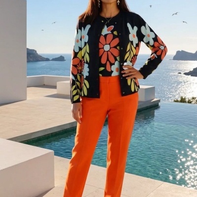 Mulher com casaco e camisola floral, calças laranja e sandálias de salto junto a piscina com vista para o mar