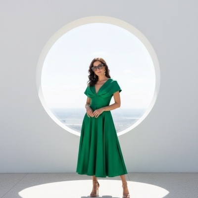 Mulher de vestido verde midi com decote em V e mangas curtas junto a parede branca com círculo