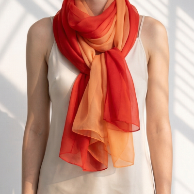 Lenço vermelho e laranja em tecido leve transparente com degradê