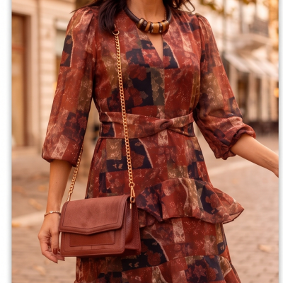 Vestido com padrão castanho e mala castanha com alça dourada
