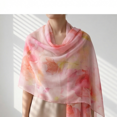 Echarpe floral transparente em tons pastéis usada por cima de top bege