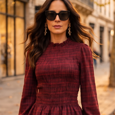 Blusa feminina xadrez vermelha e preta com mangas compridas e babados.