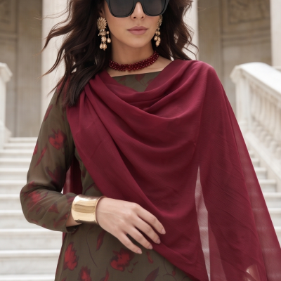 Mulher com vestido verde-oliva com padrão vermelho e lenço vinho, óculos de sol pretos, acessórios dourados, em escadaria de mármore branco.