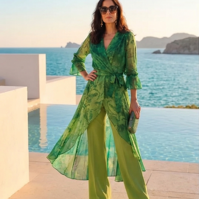 Mulher em túnica verde translúcida com calças verdes junto a piscina com mar ao fundo