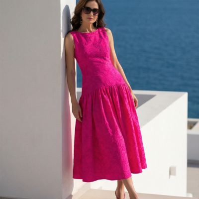 Mulher com vestido rosa midi texturizado e sandálias, óculos escuros, encostada numa parede branca com mar azul ao fundo.