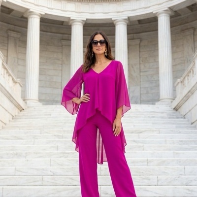 Mulher usando conjunto rosa fúcsia em escadaria de mármore com colunas brancas.