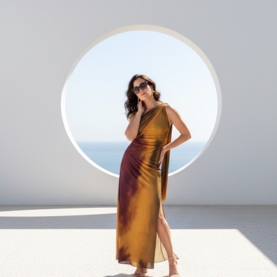 Mulher com vestido longo assimétrico em tons terra com fenda lateral, usando óculos escuros e salto alto nude, em ambiente branco com vista para o mar