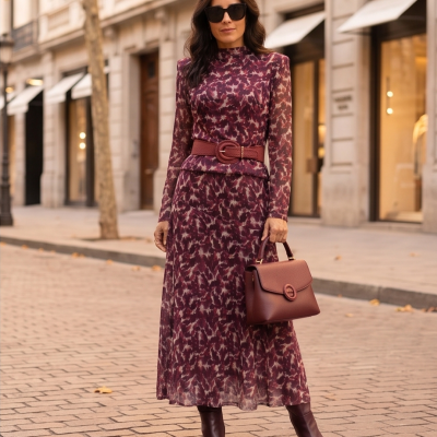Mulher de vestido longo com padrão vinho, cinto, botas e bolsa vinho, óculos de sol pretos em rua urbana
