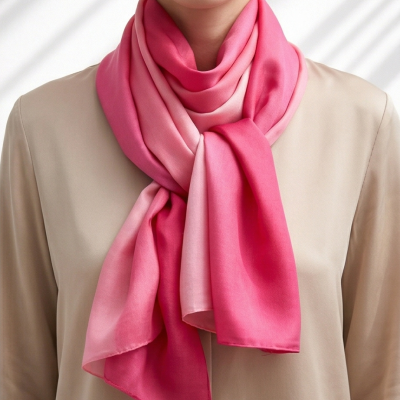 Lenço de seda rosa com gradação de cores usado ao pescoço