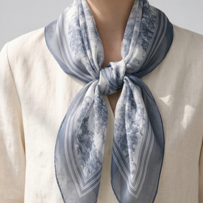 Lenço azul e branco com padrão floral em tecido leve e camisa bege clara