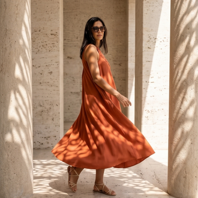 Mulher com vestido terra cota fluido, sandálias bege e óculos escuros num espaço com colunas de pedra.