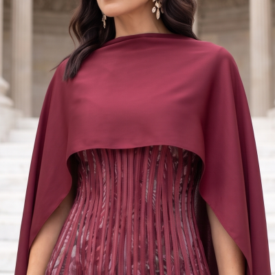 Vestido vinho floral com chiffon e acessórios dourados numa escadaria