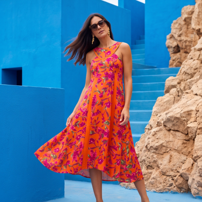 Mulher com vestido floral laranja e rosa, óculos de sol, brincos dourados, sandálias prateadas, em cenário azul e pedras naturais