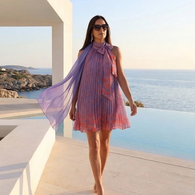 Vestido curto plissado lilás e rosa com laço e capa transparente num cenário com piscina e mar