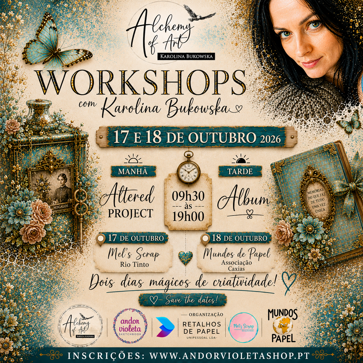Workshops Exclusivos com Karolina Bukowska | Alchemy of Art - Opção Mundos de Papel Associação Pôster de workshops de arte com ornamentos florais, borboletas, relógio e texto em português sobre datas e locais