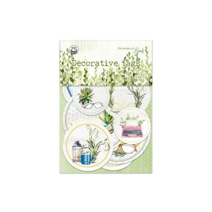 Conjunto de etiquetas decorativas com temas botânicos e objetos vintage em embalagem verde