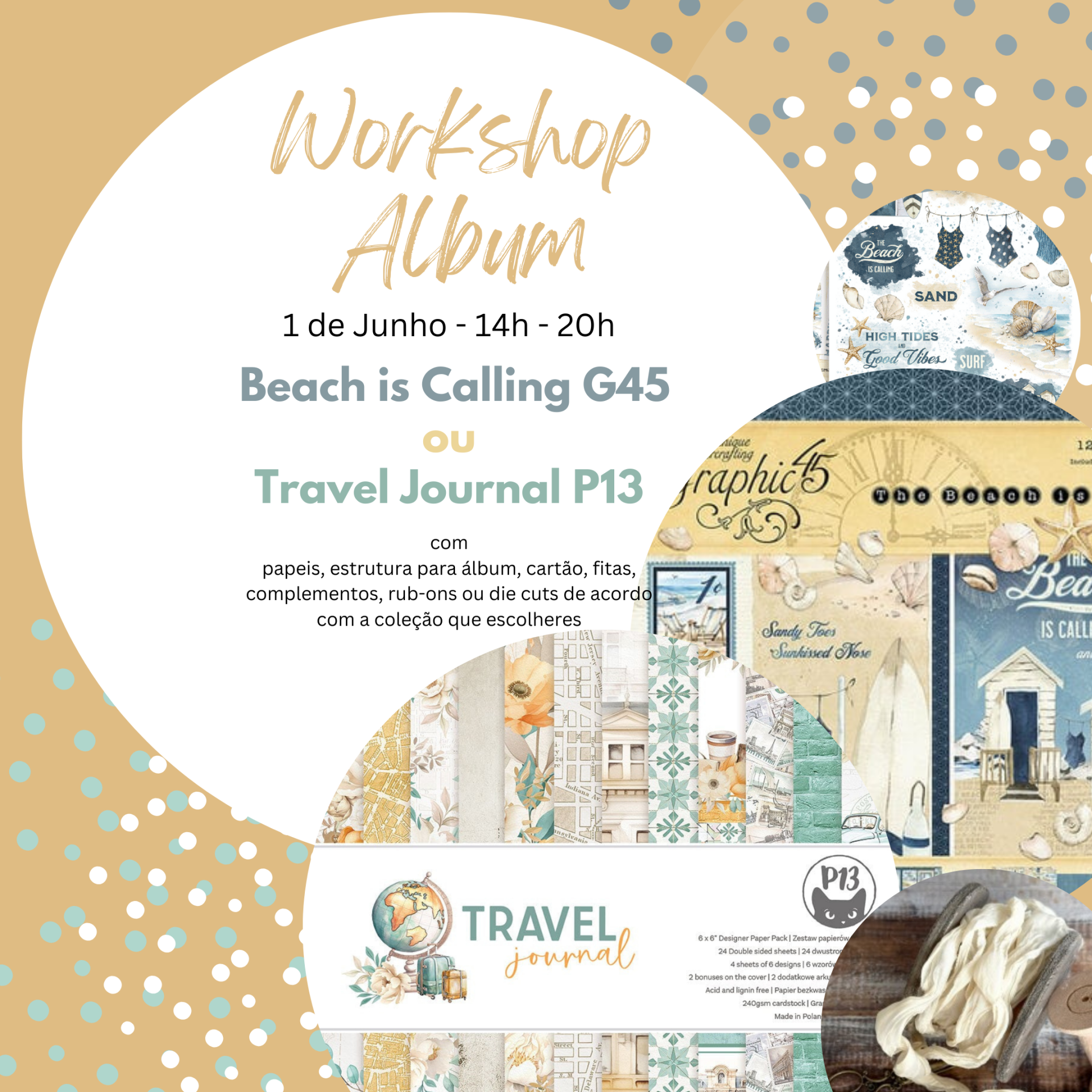 Workshop Presencial - Álbum Verão Cartaz circular de workshop de album de scrapbooking com padrões e objetos de praia e viagem, descrição do evento e produtos