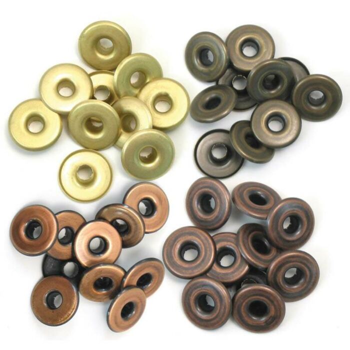 Conjunto de ilhós metálicos redondos em várias cores sobre fundo branco