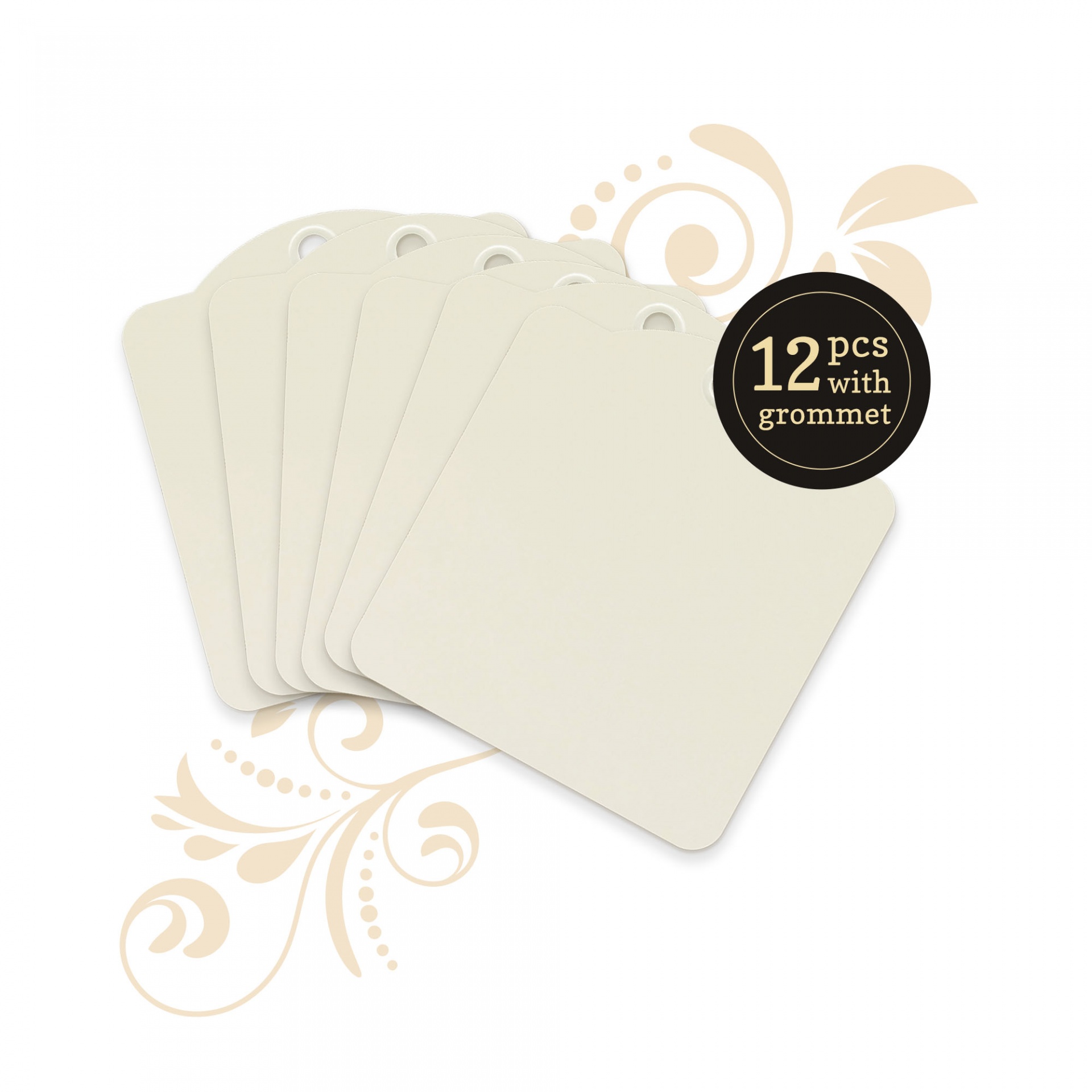 Etiquetas brancas com ilhó e indicação de 12 peças