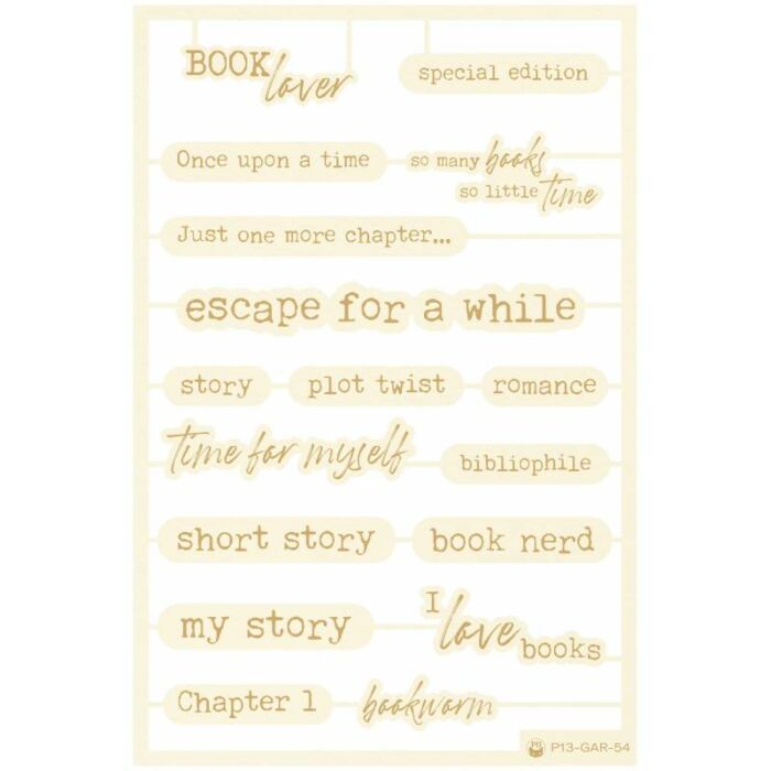 Folha de autocolantes com frases em inglês sobre livros em letras castanhas