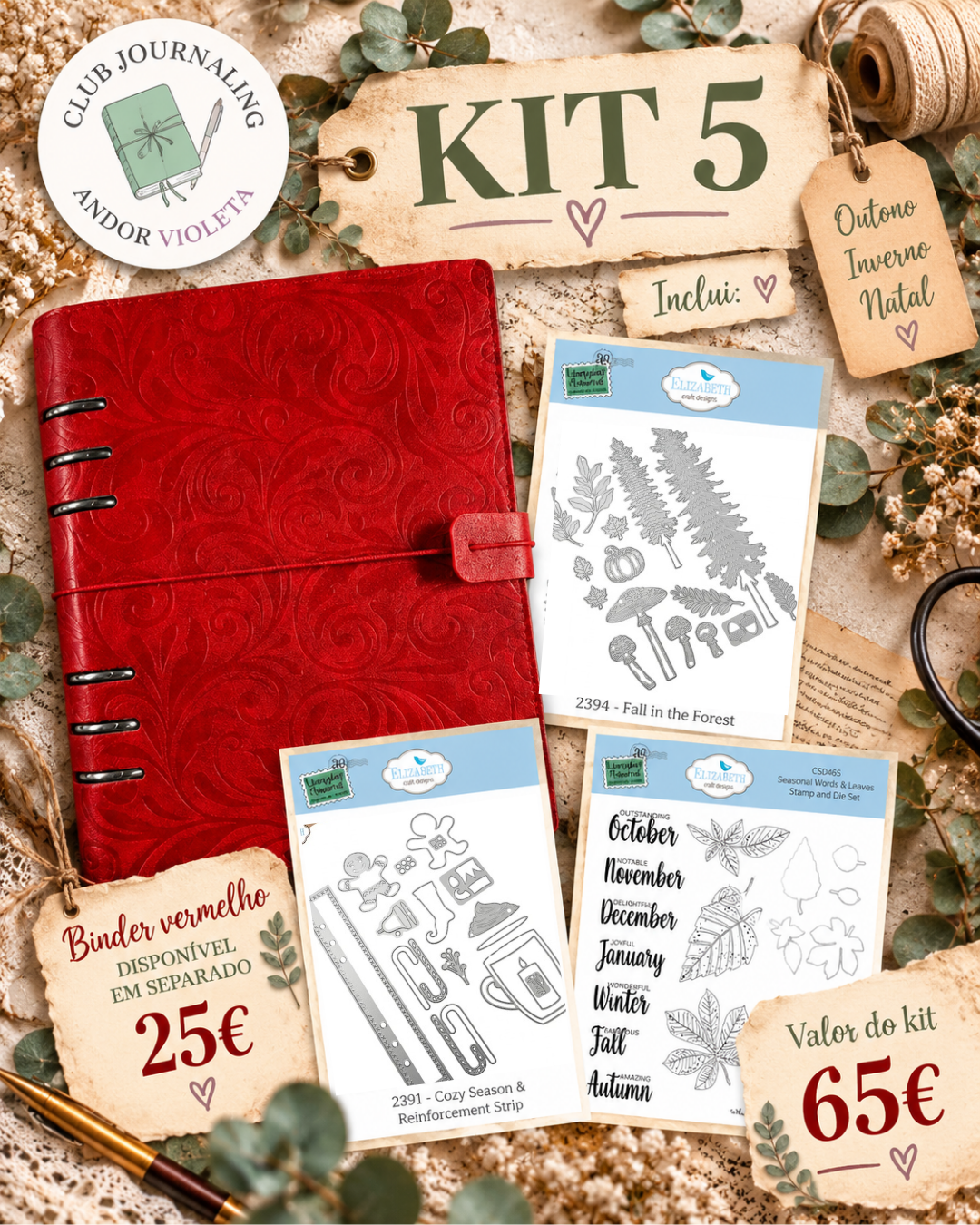 Kit 5 - Club Journaling Andor Violeta Kit 5 binder vermelho com textura floral e três conjuntos de carimbos Elizabeth Craft Designs para outono, inverno e natal